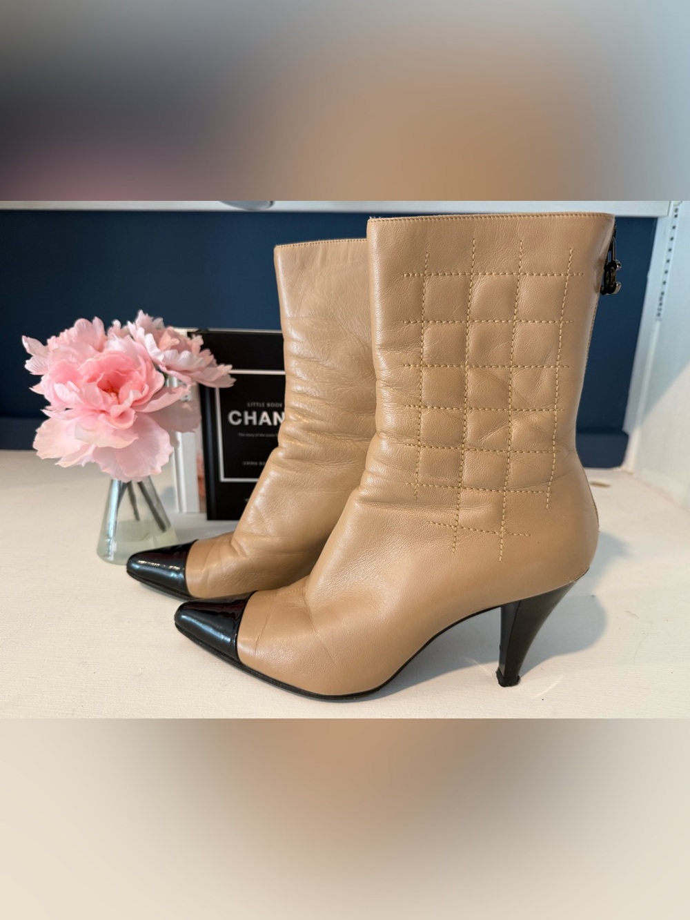 CHANEL Tan Leather Quilted Ankle Boots with Black Patent Cap Toe